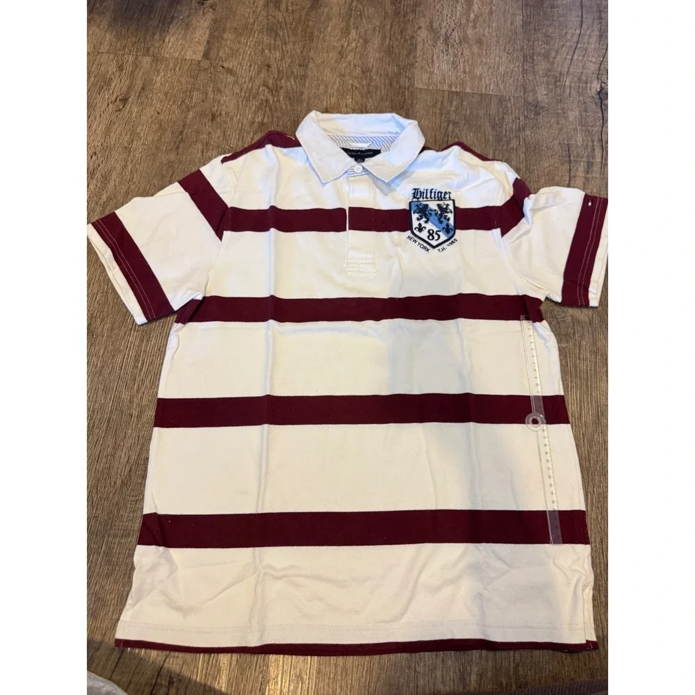 Tommy Hilfiger Mens Rugby Polo Shirt White Burgundy Striped Crest Logo Size M - Picture 2 of 4